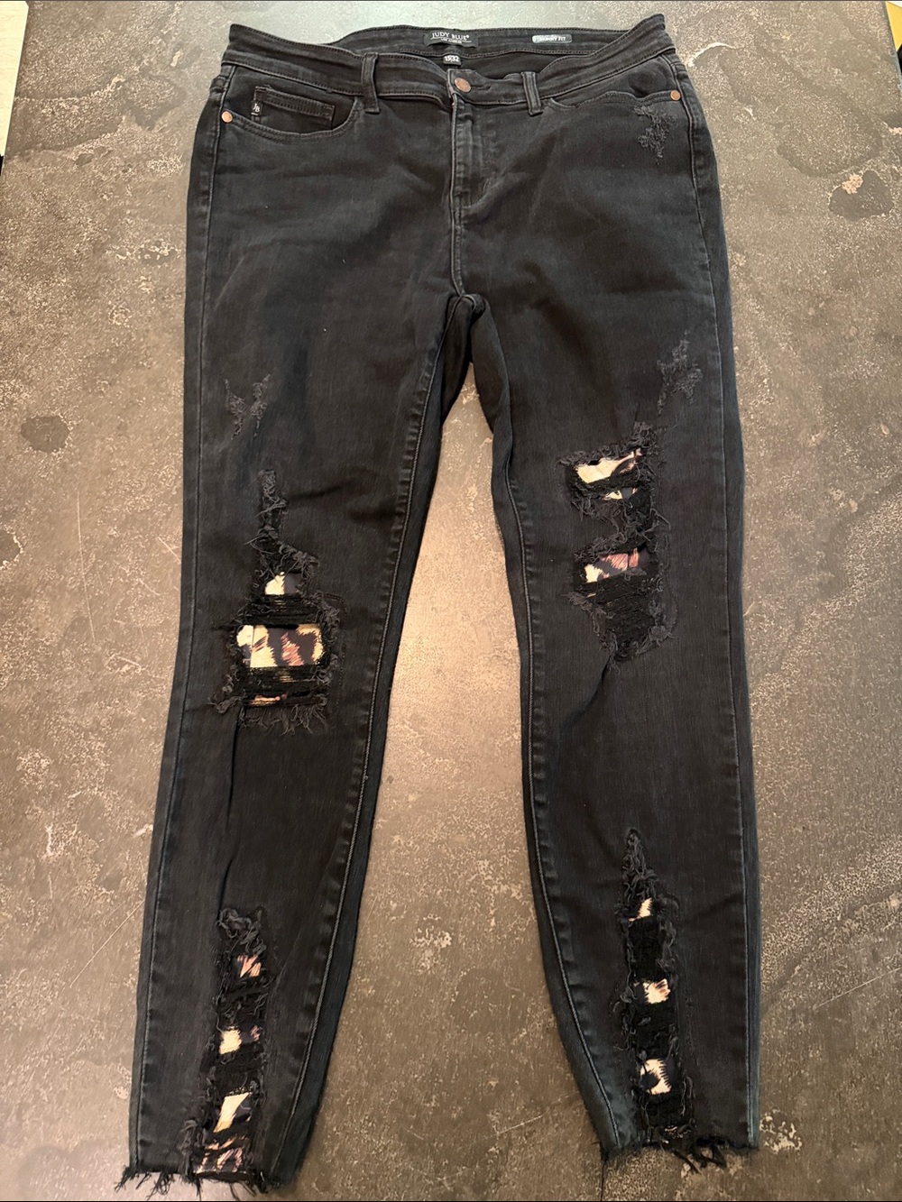 Black Distressed Skinny Jeans with Patterned Patch Accents